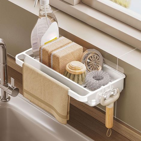 Étagère Porte-Éponge pour Évier de Cuisine,Auto-Adhésive en ABS,Rangement Multifonction pour Savons et Éponges avec 2 Crochets et Support Serviettes (1/5)