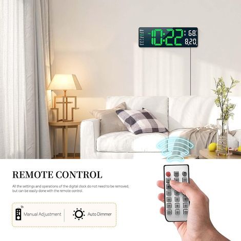 Dekorative digitale Wanduhr für Wohnzimmer, Bürowecker für Schlafzimmer, große Wanduhr mit Fernbedienung, LED-Anzeige für Datum, Temperatur und Wochentag, mit automatischer Helligkeitsanpassung – grün