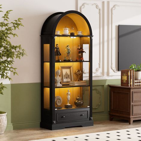 Vitrine cintrée de 180 cm de haut, meuble de cuisine avec portes vitrées, équipé de bandes lumineuses LED et de tiroirs vitrine de style campagne moderne, idéale pour le salon, la cuisine et la salle (1/5)