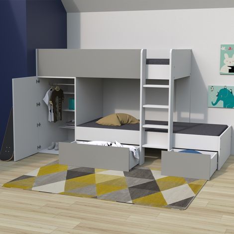 Les Tendances – Lit superposé 90x190 cm avec armoire et 2 tiroirs – Structure en panneau de particules – Finition blanc et gris – 2 sommiers épicéa