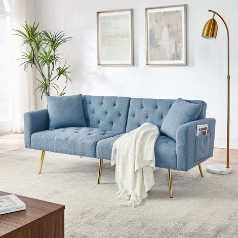 Canapé 2 places bleu en tissu Teddy bouclé, dossier réglable 3 positions, 2 coussins inclus, pieds métal doré, canapé confortable salon appartement (1/5)