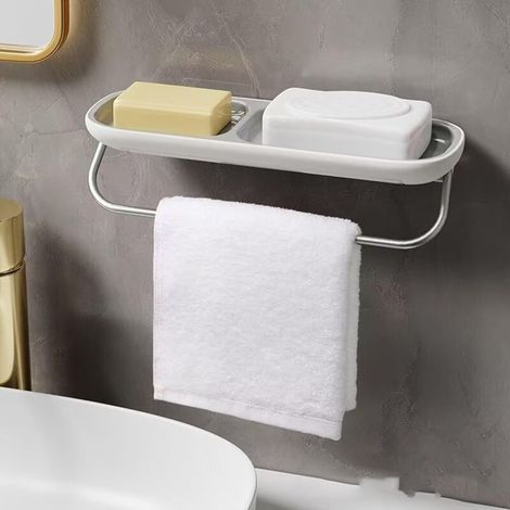 Porte-savon avec porte-serviettes de douche, auto-videur, fixation murale pour salle de bain, gris (1/5)