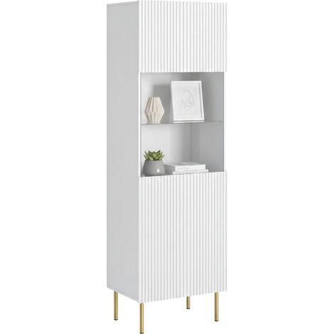 Vitrina Raccuja, vitrina de salón con puerta de cristal y detalle, elevada del suelo, 60 x 42 x 183 cm, color blanco