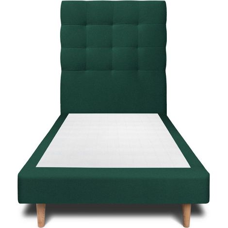 Lit 90x200cm avec tête de lit capitonnée velours et sommier tapissier vert - Hauteur totale : 29cm (1/4)