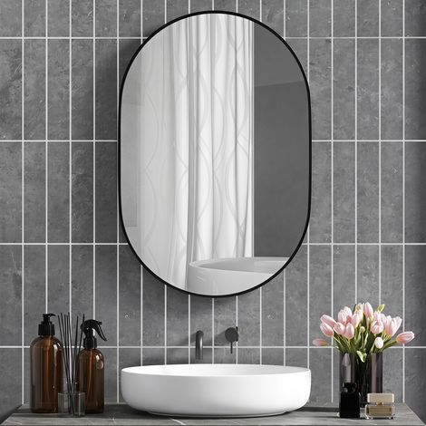 Miroir ovale mural 60x90 cm noir, cadre aluminium, montage vertical/horizontal, grand miroir design, déco murale chic (1/5)