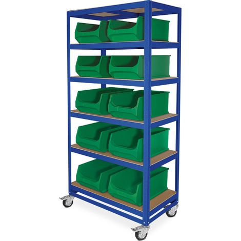 BRB Etagenwagen mit 6 Ebenen, BxTxH 900x500x1905 mm, 4 Lenkrollen, 2 mit Feststellbremse, blau, bestückt mit 10 Sichtboxen LB2, BxTxH 300x500x200 mm (Grün)