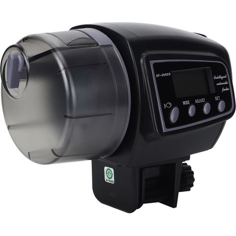 Dispensador automático de alimento para acuarios con temporizador y pantalla digital.