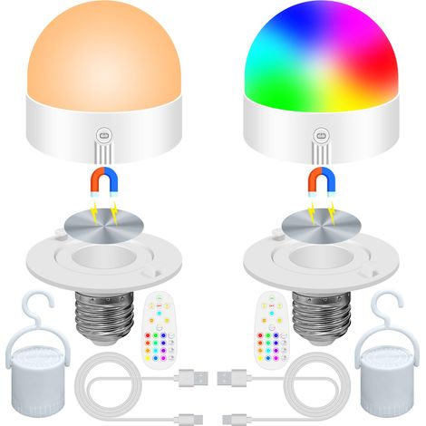 2er-Pack E27-Glühbirnen, wiederaufladbar über USB, mit 2 Fernbedienungen, dimmbare RGB-Glühbirne mit Farbwechsel, magnetisches LED-Licht für kabellose Lampen, abnehmbarer Timer [Energieklasse F]