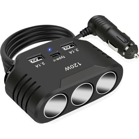 120W Adaptateur de Prise Allume-Cigare: 12V/24V Multi Prise USB de Voiture avec 3 Prise & Port Type C USB Chargeur Splitter DC pour iPhone Android GPS (1/5)