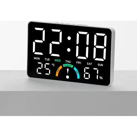 Moniteur de climat intérieur avec grand écran LED, horloge numérique, capteurs d'humidité et de température, pour la maison ou le bureau. Fixation murale ou sur bureau (double support). (1/5)