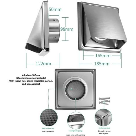 Grille d'aération en acier inoxydable 304 de 100 mm, grille d'évacuation d'air, avec clapet anti-retour intégré, moustiquaire et ouate insonorisante