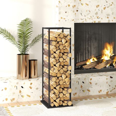 Estante de Leña Metálico de Chimenea Soporte para Leña con Base Elevada Anti-vuelco Carga 100 kg 33x33x110 cm Negro (1/5)