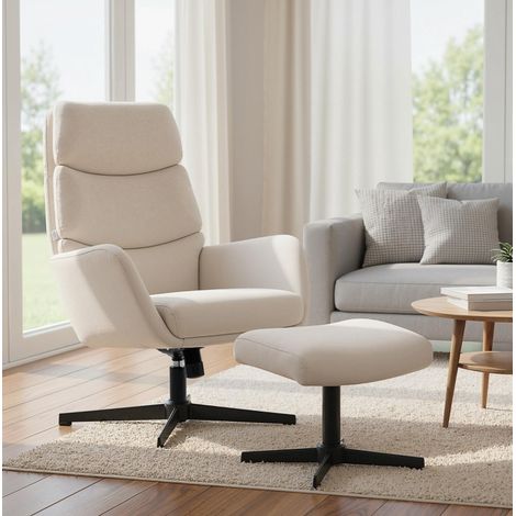 Poltrona lounge con poggiapiedi, schienale alto, base in metallo, beige HAVRYA (1/5)