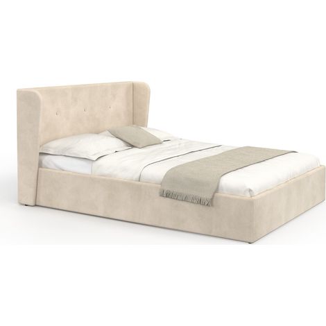 Doppelkastenbett OREA mit umhüllendem Kopfteil mit Ohren und Lattenrost 140 x 190 cm Velours beige