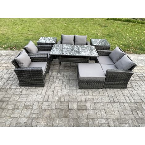 Fimous Ensemble de meubles de jardin en rotin  avec Table à manger oblongue DoppelsitzCanapé 2 Tables d'appoint Grands Tabouret Gris foncé mélangé (1/5)