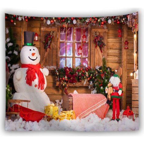 Autre déco murale，Arrière-plan de fête de famille de noël, arbre de neige d'hiver, plancher en bois du père noël, arrière-plan pour séance photo pour Studio Photo 200x150cm-B (1/2)