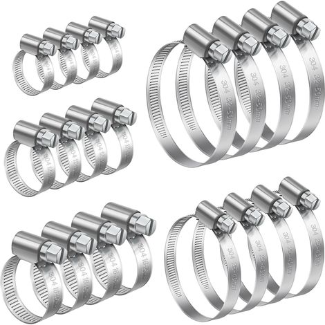 20 Pièces 10-50mm Collier Serrage Inox Set, Collier de Serrage Métallique Réglables en Acier Inoxydable Convient Pour Tube Automobiles, Piscine, Machine à Laver, Jardin (1/5)