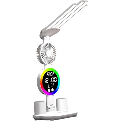 Multifunktionale, wiederaufladbare LED-Schreibtischlampe – Ventilator, Uhr, Nachtlicht – Augenschutz, Datums-/Temperaturanzeige – Für Kinder, Schlafzimmer, Arbeitszimmer