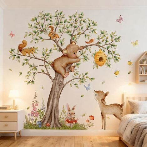 Sticker mural autocollant mural pour chambre d'enfant Motif animaux de la forêt, safari, ours, cerf, renard (1/5)