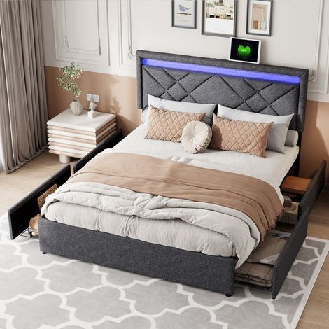 Lit double 160x200 cm lit adulte en tissu lin Lit Capitonné avec 4 tiroirs et LED 2 personnes Sommier à lattes Tête de lit réglable (1/5)