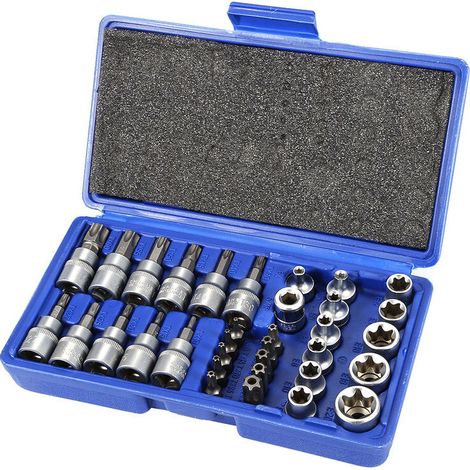 34 Pièces Coffret de Douilles torx 3/8',CR-V Matériau profil E4-E20, Embout torx étoilé 5/16'-3/8' en Acier S2 profil T10-T60 (1/4)