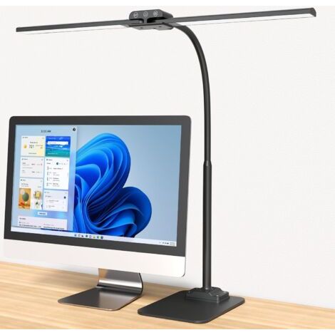 Lampe de Bureau LED avec Métal Base: Double Tête, Grande Lampe Bureau design, réglage intensité, lumiere bureau protection des yeux pour ecran pc, dessin, deux bureaux, puzzle - Noir