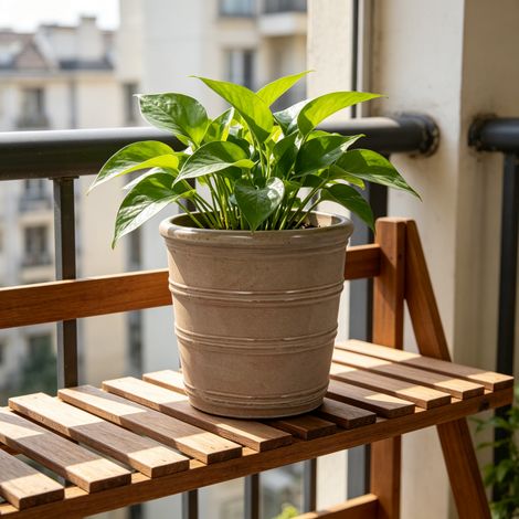 Vaso da pianta in ceramica artigianale (Ø 32 cm), lucido marrone taupe con struttura a righe orizzontali, traspirante, resistente al gelo, con fori di drenaggio per piante da interno e da balcone di d (1/5)