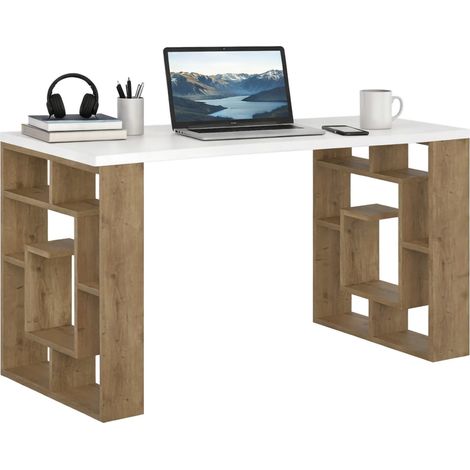 Scrivania Archidamia, Materiale Piano in Legno Nobilitato, Colore Ripiano Bianco, Colore Struttura Marrone, 140x60x75h cm Bianco