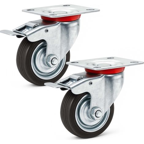 Wiltec Doppelstopp-Lenkrollen Set 2x Vollgummirad Transportrolle 75mm bis 50kg pro Rad mit Feststellbremse und Anbauplatte, leiser Lauf, Transportrollen Möbelrollen