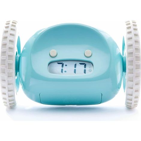Réveil à roulettes (L'original)  Ultra-résistant pour les gros dormeurs (Réveil robot pour la chambre, adultes et enfants) Amusant, saute, court après, s'enfuit, bouge et roule (Bleu) (1/5)
