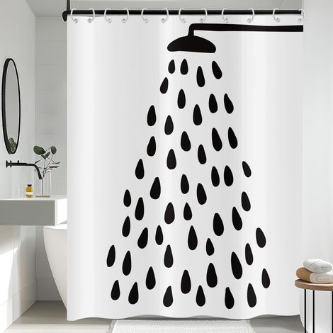 Cortina de ducha en blanco y negro de 180x180 cm, con un diseño moderno y divertido de cabezal de ducha y gotas de agua, fabricada en poliéster impermeable y lavable, con ganchos incluidos (1/5)