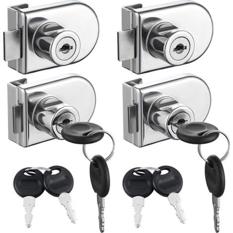 Set mit 4 Doppeltür-Sicherheitsschlössern für Glasvitrinen, geeignet für Glastüren mit einer Stärke von 0,5 bis 0,8 cm, separate Schlüssel, kein Bohren erforderlich, Zinklegierung mit 8 Schlüsseln (1/4)