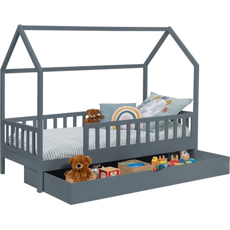 Idmarket – Lit cabane enfant 80 x 160 cm gris – Avec tiroir gigogne et rangement – Structure en pin – Hauteur 150 cm – Design inspiré Montessori