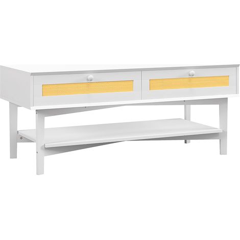 Table basse rectangulaire avec 2 tiroirs et plateau, table basse boho en rotin et bois, 120x50x50 cm, blanc et couleur bois (1/5)