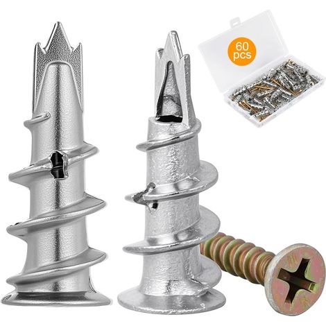 60 Pcs Chevilles pour Placoplatre, Cheville Queue de Cochon, Chevilles pour Plaques de Plâtre avec Vis Autoforeuse, Autoperceuses en Métal pour Plaques de Plâtre Béton Briques (1/5)