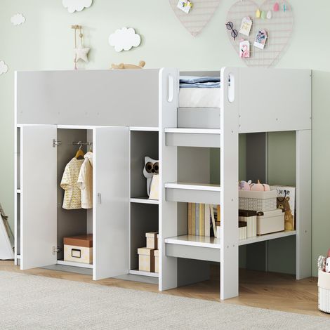 Lit superposé enfant multifonction 90x200 cm avec rangements, armoire et étagères, échelle intégrée, Lit Mezzanine chambre enfant gain de place, Gris (1/5)