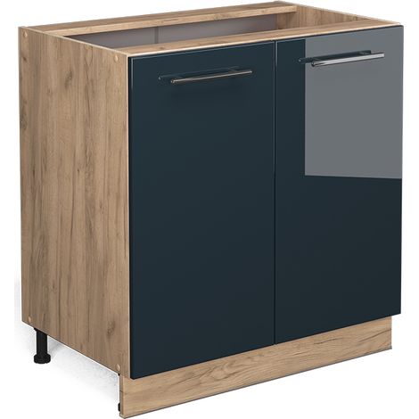 Armoire basse Fame-Line, Bleu foncé brillant, 80 cm avec étagère, sans plan de travail, Vicco