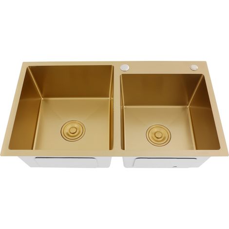 Évier de cuisine doré 80 x 45 cm, évier à double cuve, en acier inoxydable 304 avec revêtement nano, évier de bar avec bouchon doré et crépine, à poser ou à encastrer (1/5)