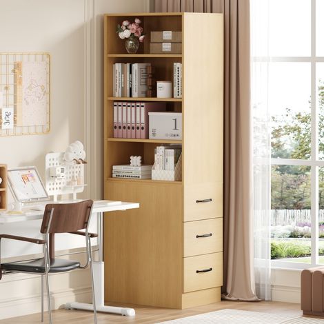 Estantería columna de almacenamiento - 60 x 38 x 180 cm - Mueble estrecho con 3 cajones laterales y estantes ajustables - Roble (1/5)