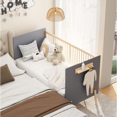 Massivholz Babybett, Verstellbares Kinderbett mit Drei-stufiger Höhenverstellung, Umweltfreundliche Lackierung, Als Anschlussbett/Sofabett nutzbar, Ohne Matratze, Blaugrau + Naturholzfarbe,1407086cm (1/5)