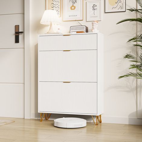 Schuhschrank 80 x 24 x 118,5 cm – Stauraumschrank für den Eingangsbereich mit 2 Klappen, Schubladen und verstellbaren Einlegeböden – MDF und Metall – Weiß