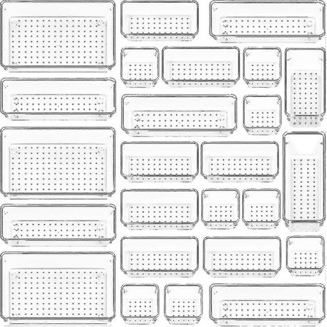 Ensemble de 25 organisateurs de tiroirs en plastique transparent, plateaux de rangement polyvalents de 4 tailles pour salle de bain et coiffeuse (1/5)