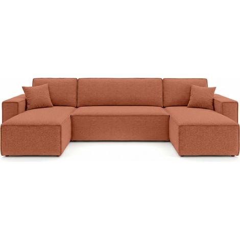 Canapé panoramique d'angle FARAH convertible avec rangement en tissu - Terracotta (1/5)