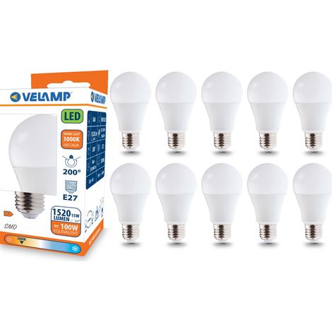 Ampoule LED, standard A60, culot E27, 15W (1520 lumens équivalent à 100W), lumière blanche chaude 3000K, technologie SMD, faisceau 200 °, pack de 10 ampoules (1/5)