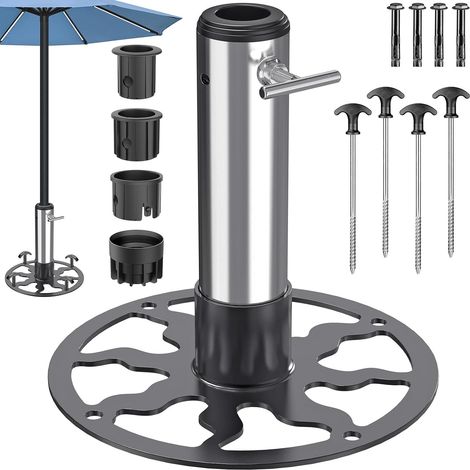 Tube pour Pied de Parasol Balcon, 23cm Fixation Parasol Rambarde Balcon Support de Tube Parapluie Ronde Base Stable pour Parasol avec 3 Douilles pour Poteaux 3-5cm, Béton/Bois, Style A/Noir (1/5)