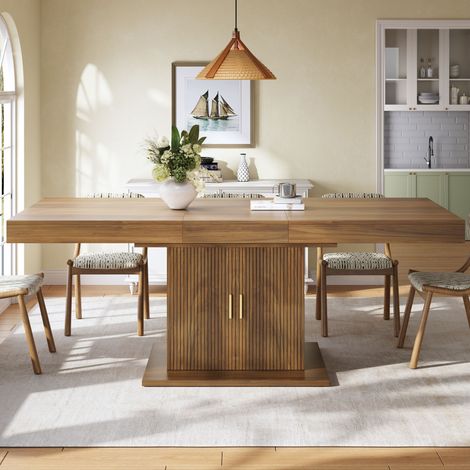 Mesa de comedor extensible con espacio de almacenamiento integrado de 140–180 cm, puertas con ranuras verticales, estantes extraíbles, 2 colores (roble claro/nogal). (1/5)