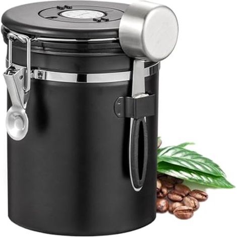 Boîte de rangement pour café - Boîte à café en grains - Réservoir de stockage - 1800 ml - Acier inoxydable - Noir (1/5)