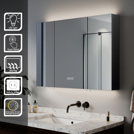 SIRHONA Armoire murale de salle de bain avec prise rasoir, désembuage et 3 modes d'éclairage 900x650mm Armoire de toilette à LED design à 3 portes