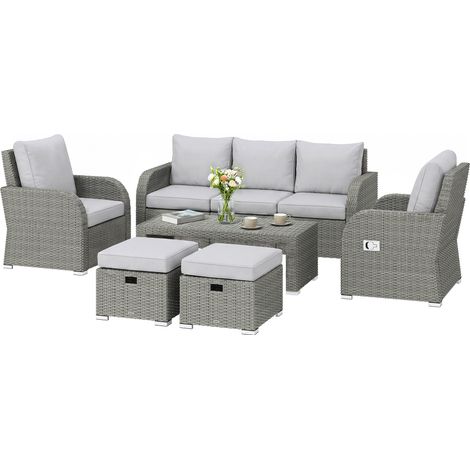 Six-piece Rattan Garden Furniture Set Reclining Armchairs - Light Grey (1/5)