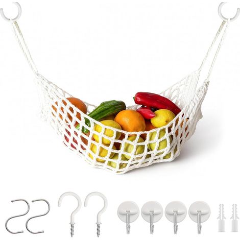 Panier a Fruit, Panier Suspendu Rangement avec 8 Crochets, Crochets en Coton, Paniers Basket Mural Osier, Boho Hamac Corbeille a Fruit et Légumes, Cuisine Maison Sous Armoire, Peu Encombrant, Blanc (1/5)